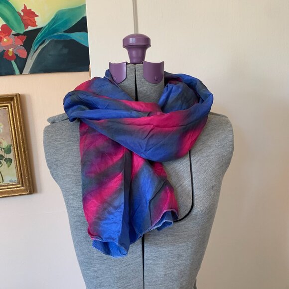 VTG Hand Painted Silk Neck Scarf Hand Rolled Blue Pink Watercolor 42x42" - Picture 2 of 6